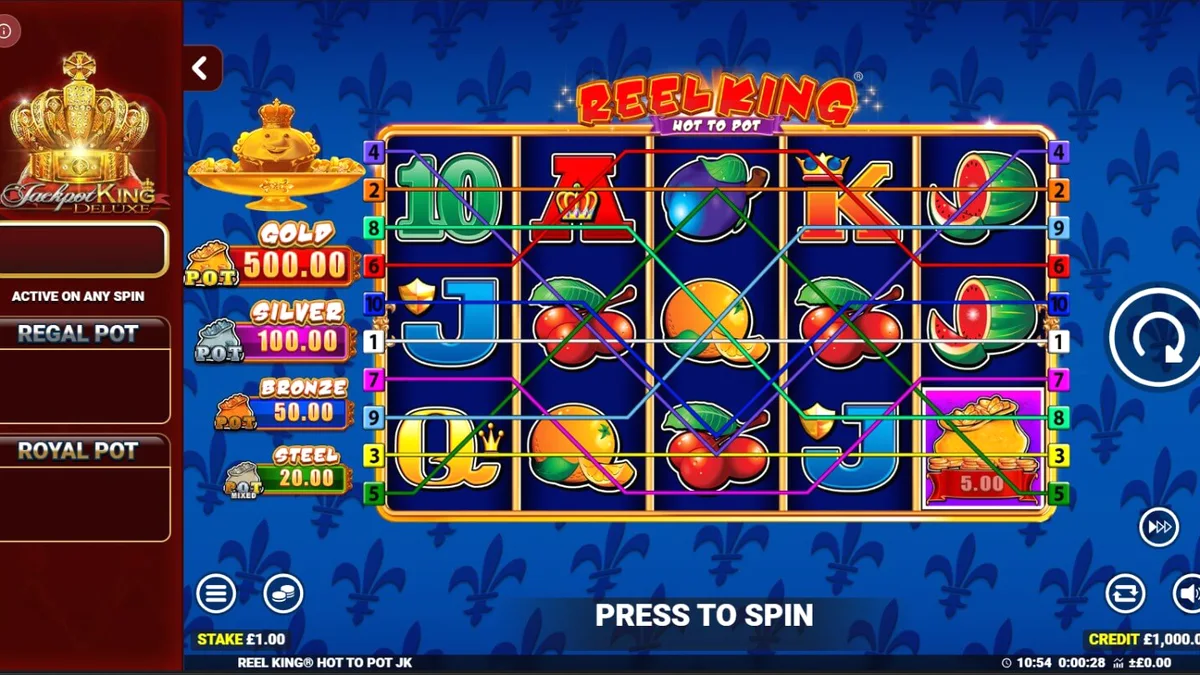 Tampilan visual slot Reel King Hot to Pot dengan nuansa emas dan mahkota kerajaan