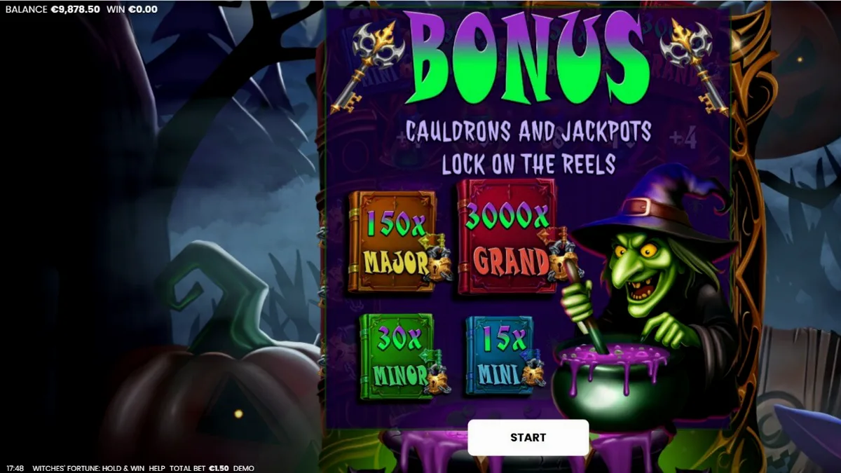 Tampilan visual slot Witches’ Fortune: Hold & Win dengan tema kuali sihir dan ramuan.